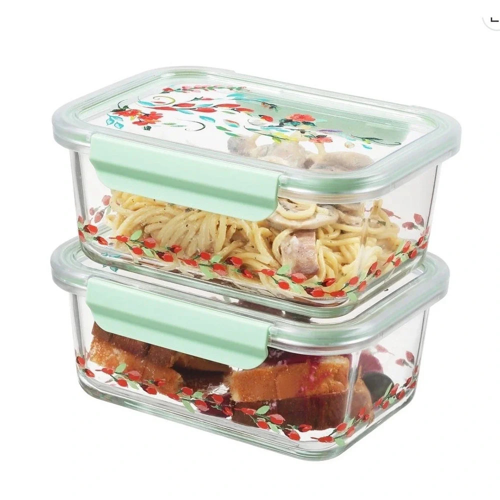 Pioneer Woman Glass Food Storage Container Set 4 Cup Floral Bowls NEW